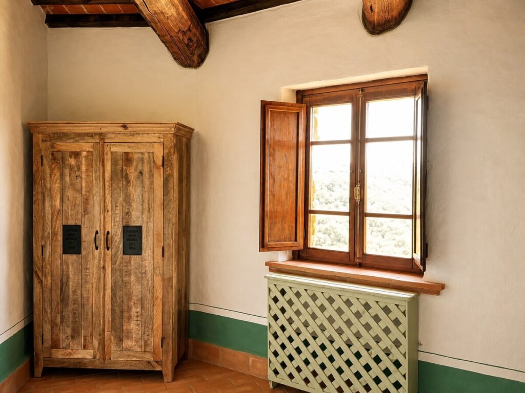 Bedroom with a wooden wardrobe and window in the Il belvedere apartment, Borgo Braila, Umbria