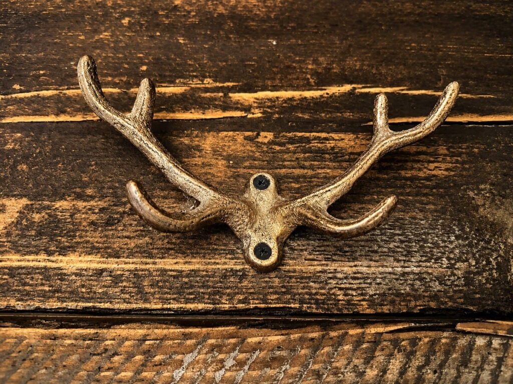 Antler decoration on a wooden beam in the Il belvedere apartment, Borgo Braila, Umbria