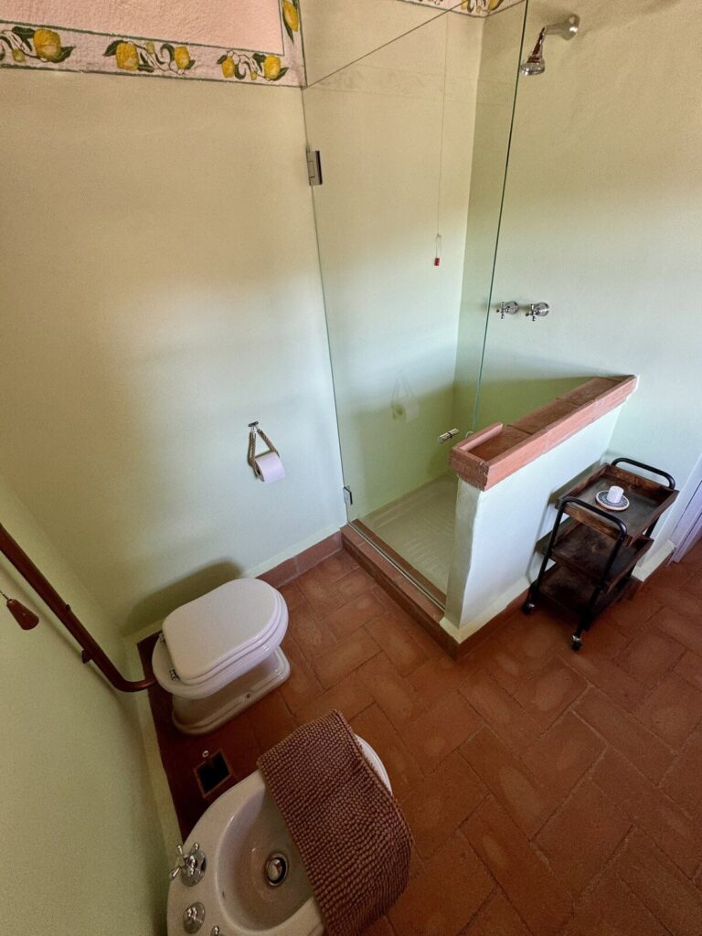 Bathroom with a toilet in the La carta apartment, Borgo Braila, Umbria