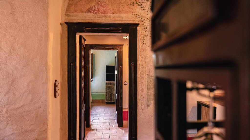 Doorway through the apartment in the Il cardinale apartment, Borgo Braila, Umbria