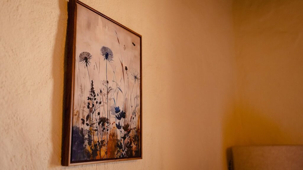 Framed botanical print detail in the Il cardinale apartment, Borgo Braila, Umbria