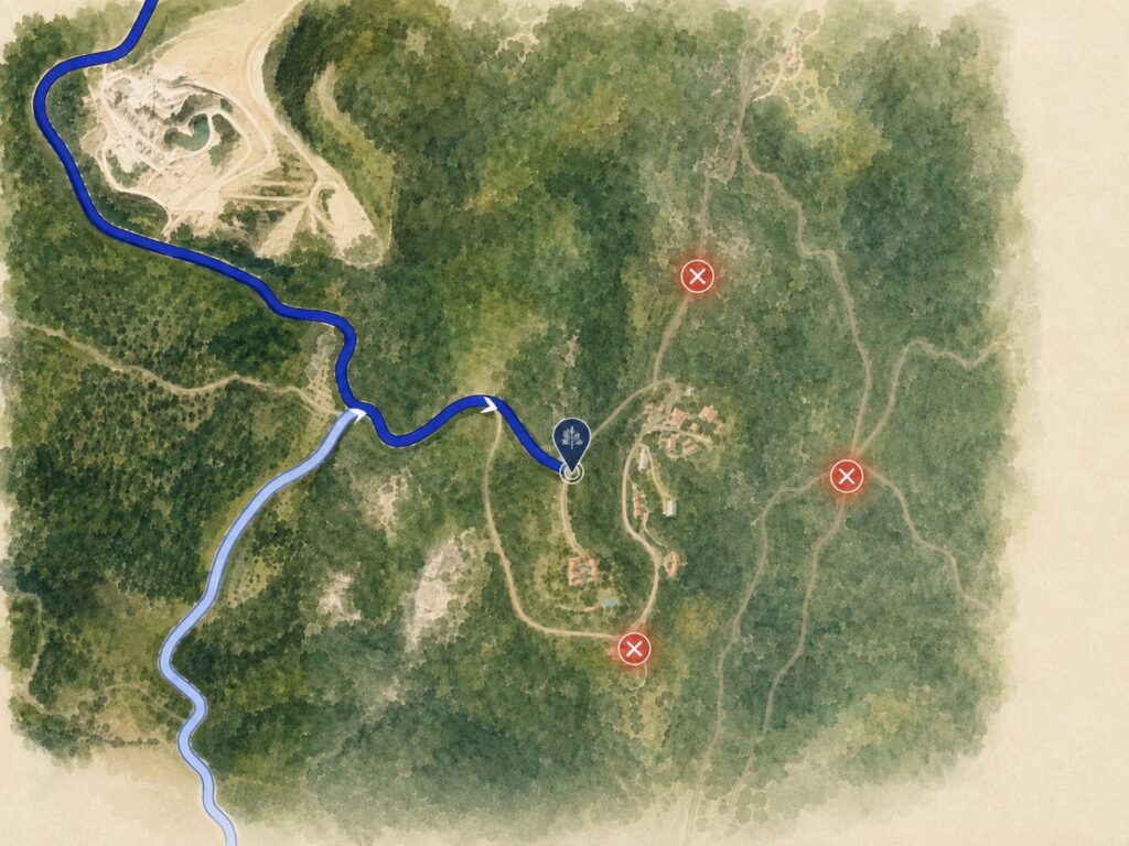 Mappa illustrata con il percorso asfaltato consigliato per Borgo Braila in blu e le strade sconsigliate segnate con una croce rossa