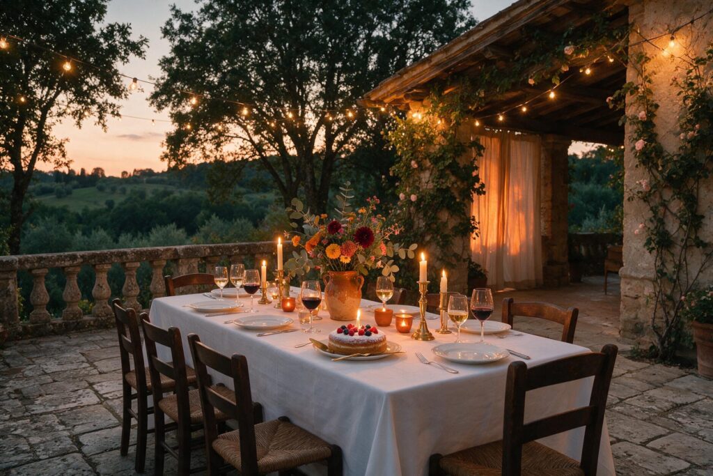 Festive birthday dinner on a terrace overlooking the Umbrian hills at Borgo Braila