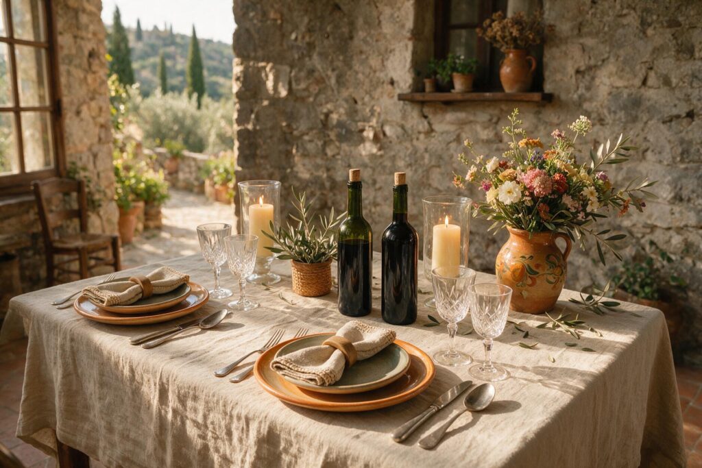 Rustic-chic table setting with local wine and flowers at Borgo Braila