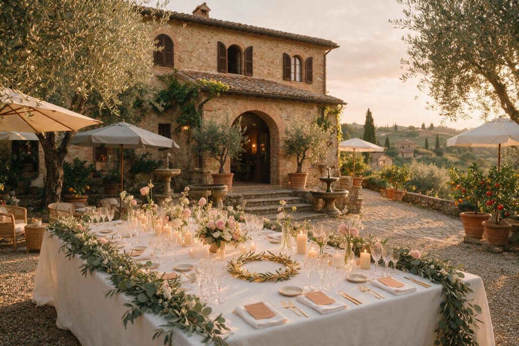 Outdoor wedding table set under olive trees at Borgo Braila, Umbria