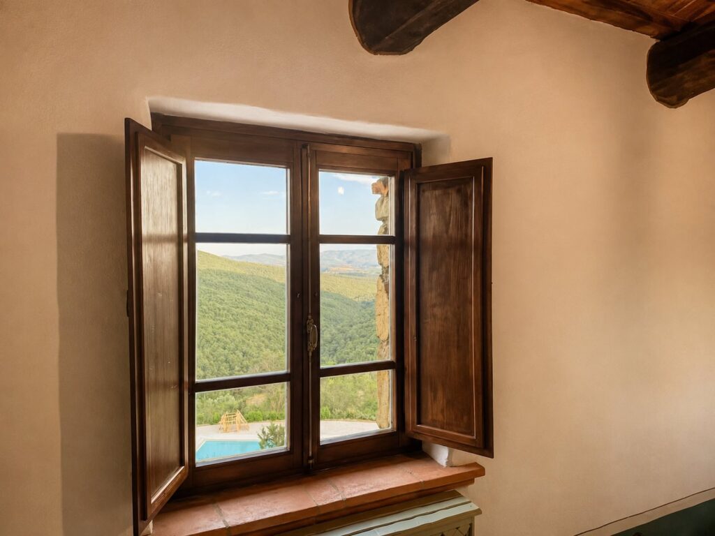 Bedroom with exposed beams and natural materials in a Borgo Braila apartment, Borgo Braila