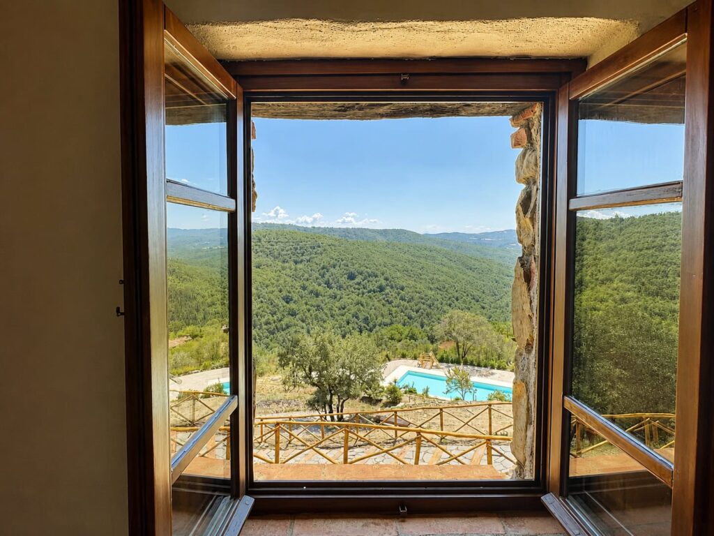 Panoramic valley view from the Il belvedere apartment at Borgo Braila, Umbria